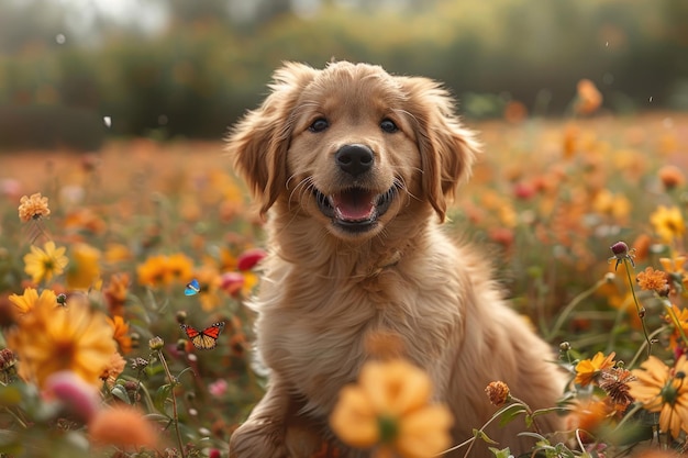 Un mignon chiot jouant dans un champ de fleurs avec une queue agitée et une expression heureuse