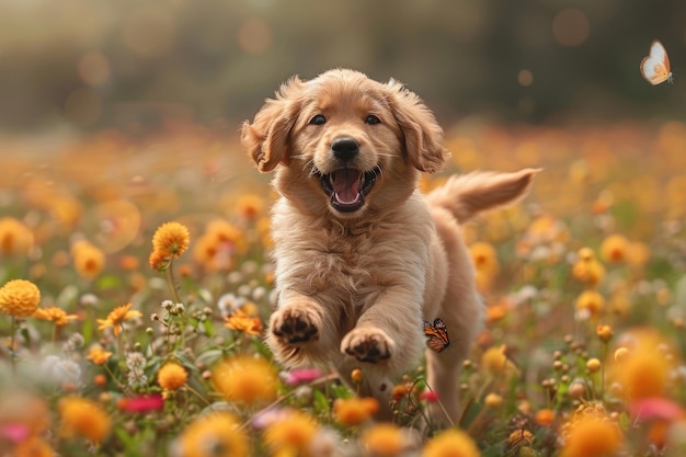 Un mignon chiot jouant dans un champ de fleurs avec une queue agitée et une expression heureuse