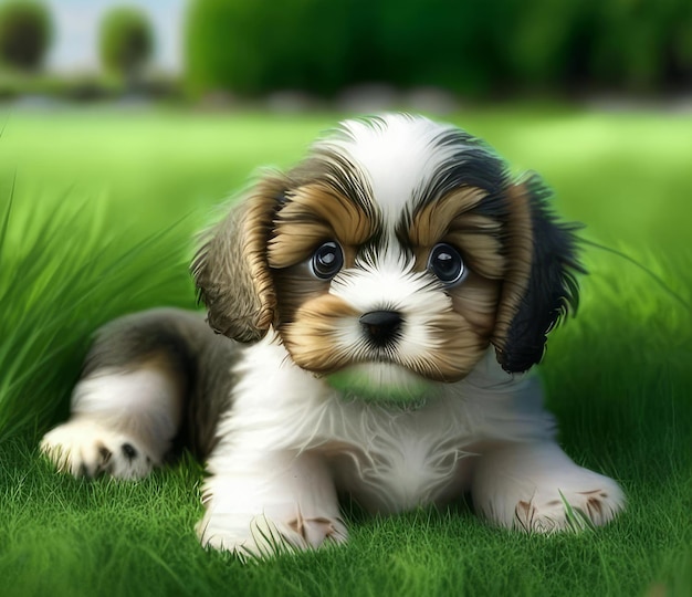 Un mignon chiot joyeux qui ressemble à un jouet est assis sur une illustration de pelouse verte illustration de chien d'intelligence artificielle générative