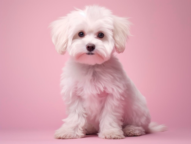 Un mignon chiot maltais assis sur un fond rose