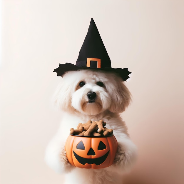 Mignon chiot maltais au chapeau de sorcière et citrouille d'Halloween avec des biscuits ou un régal