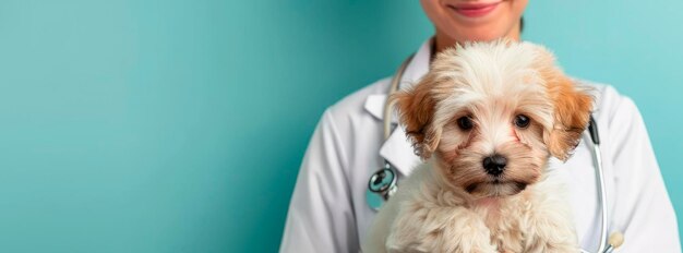 Un mignon chiot moelleux dans les bras d'un vétérinaire regarde la caméra bannière médicale avec de l'espace pour