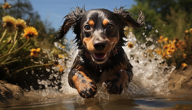 Un mignon chiot mouillé jouant dans l'eau pure joie générée par l'intelligence artificielle