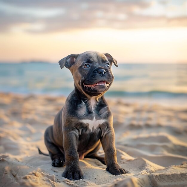 Photo un mignon chiot sur la plage au coucher du soleil