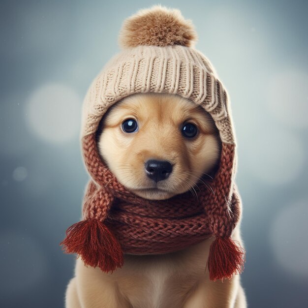 un mignon chiot portant un chapeau et une écharpe d'hiver