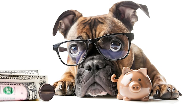 Un mignon chiot portant des lunettes à cornes est assis devant un fond blanc