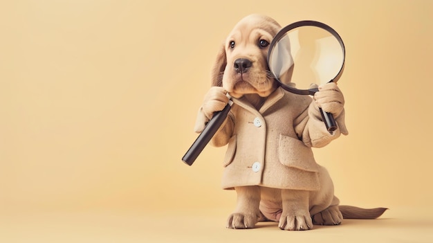 Photo un mignon chiot portant un manteau beige et tenant une loupe le chiot est assis sur un fond beige et regarde la caméra