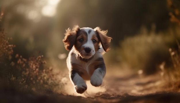 Un mignon chiot qui court dans l'herbe et profite de l'été en plein air généré par l'intelligence artificielle.