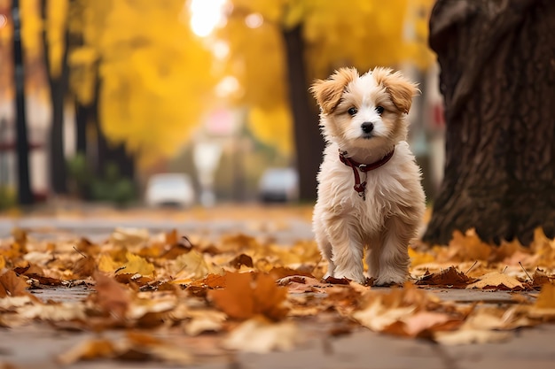 Un mignon chiot qui marche dans la rue pleine de feuilles d'automne.