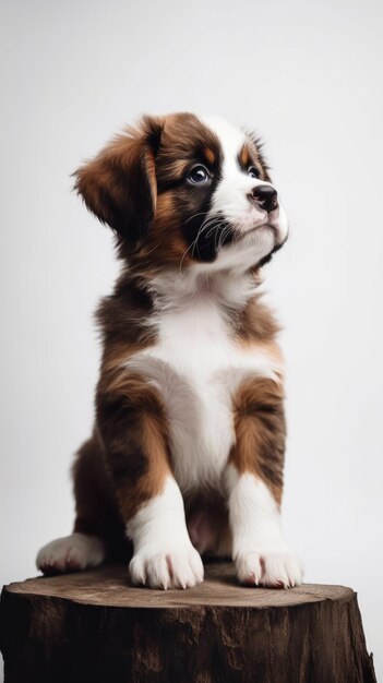 Mignon chiot serbernard sur un minimalisme de souche en bois