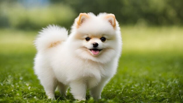 Photo un mignon chiot de spitz de poméranie debout sur l'herbe sur un fond naturel flou