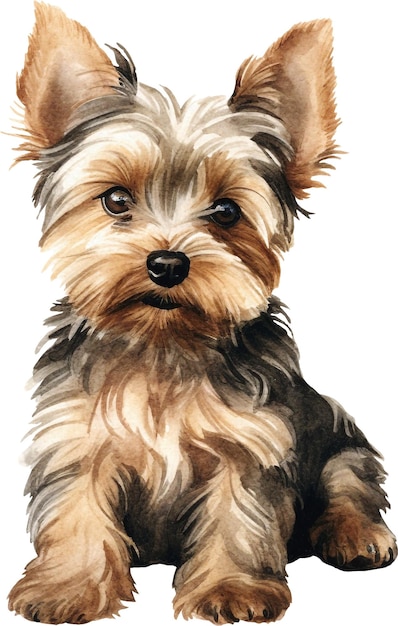 Mignon chiot yorkshire terrier assis corps entier aquarelle isolé sur blanc