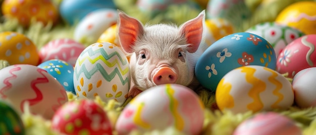 Photo un mignon cochon niché parmi des œufs de pâques peints de couleurs vives