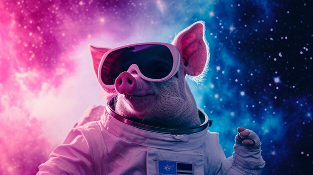 Un mignon cochon spatial vêtu d'un costume d'astronaute avec des lunettes de soleil en rose et bleu.