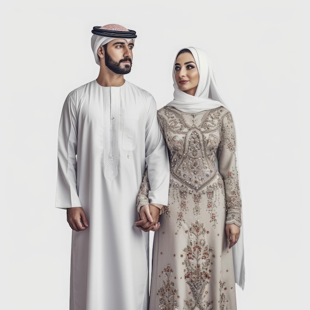 Un mignon couple arabe portant une robe arabe de petites fleurs générées par l'IA