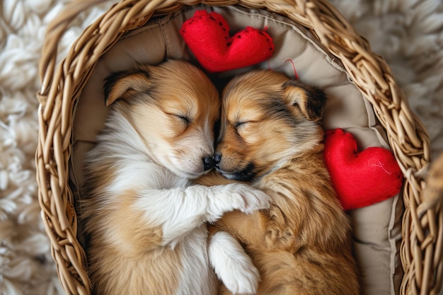 Photo un mignon couple de chiots amoureux le jour de la saint-valentin