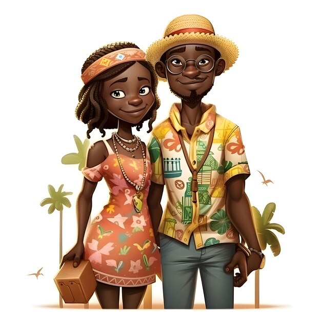 Un mignon couple de touristes afro-américains avec une valise illustration vectorielle