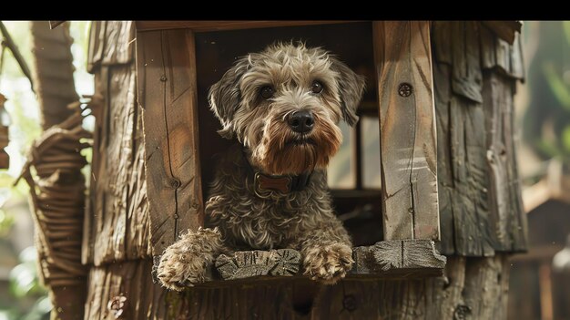 Photo un mignon et désordonné chien brun est assis dans une cabane en bois et regarde le monde avec une expression curieuse dans ses yeux