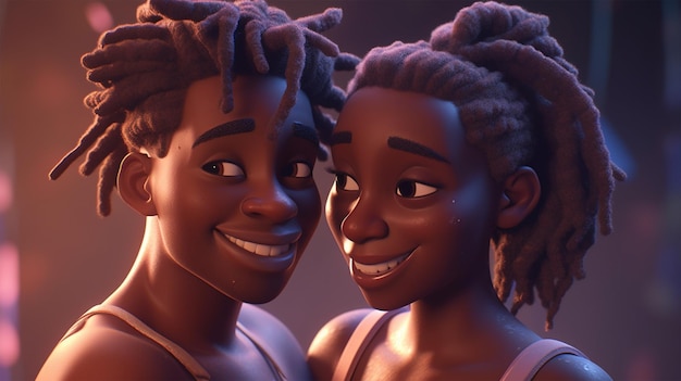 mignon, dessin animé, 3d, noir, couple, sourire