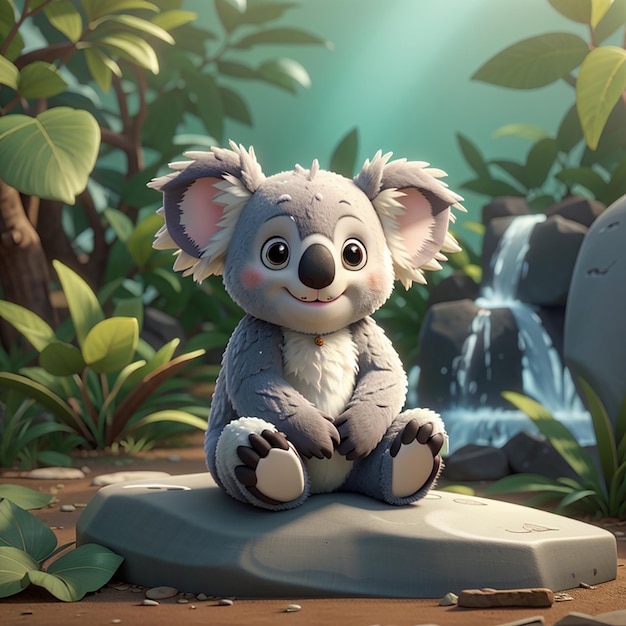 Un mignon dessin animé de koala assis sur la pierre