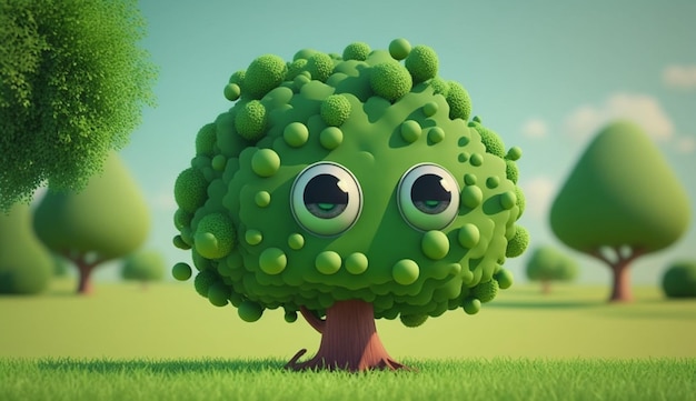 mignon, dessin animé, vert, été, arbre, caractère, generative, ai