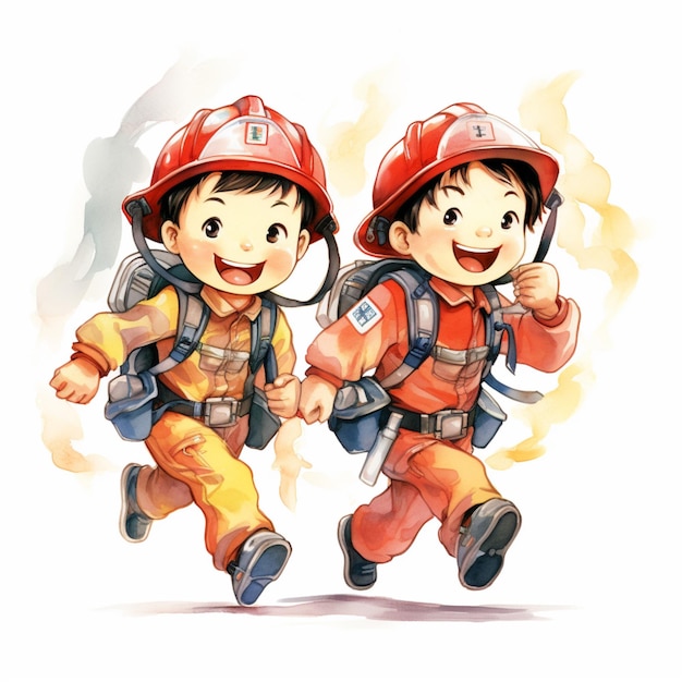 Mignon deux dessin animé enfant pompier homme en cours d'exécution illustration AI Art généré