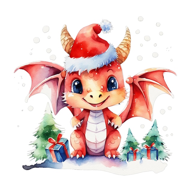 Photo un mignon dragon rouge est un symbole de 2024 dans un capuchon rouge à l'eau illustration