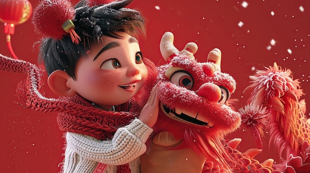 Photo un mignon dragon rouge humanoïde japonais et un petit garçon chinois de style pixar, tous deux portant des pulls blancs humanoïdes avec de grandes foulards de laine rouge attachés autour du cou.