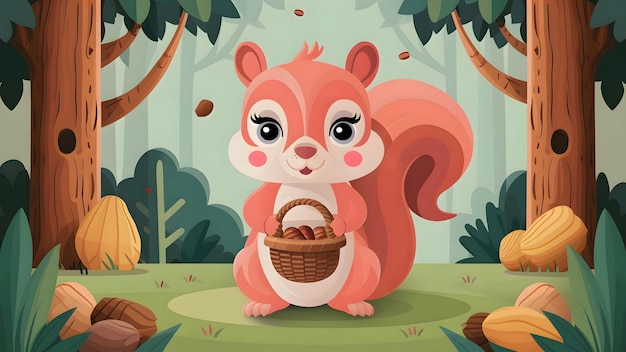 Un mignon écureuil de dessin animé tenant une noix