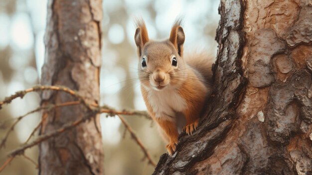 Mignon, un écureuil moelleux est accroché au tronc