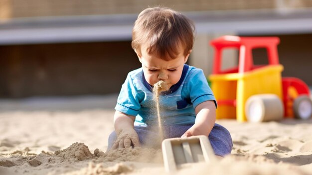 Mignon enfant blond creusant un château de sable au bord de l'eau