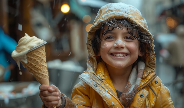 Un mignon enfant indien tenant une crème glacée.