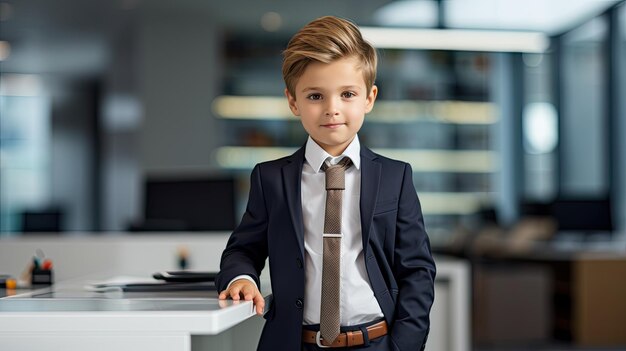 Un mignon enfant PDG pose sur un lieu de travail contemporain