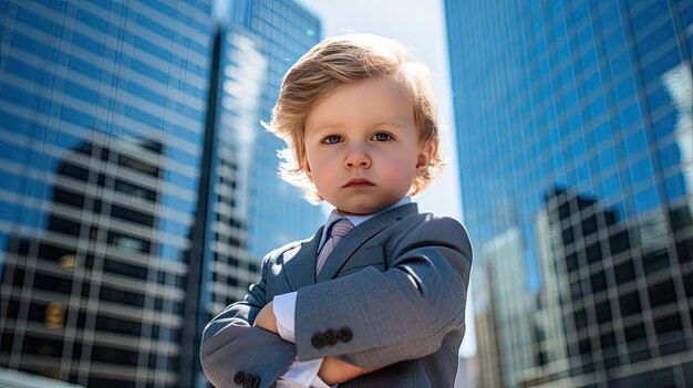 Photo un mignon enfant pdg pose sur un lieu de travail contemporain