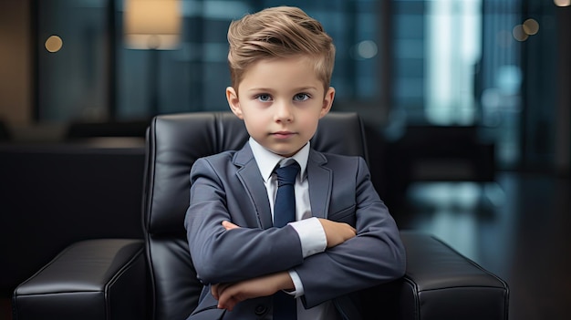 Photo un mignon enfant pdg pose sur un lieu de travail contemporain