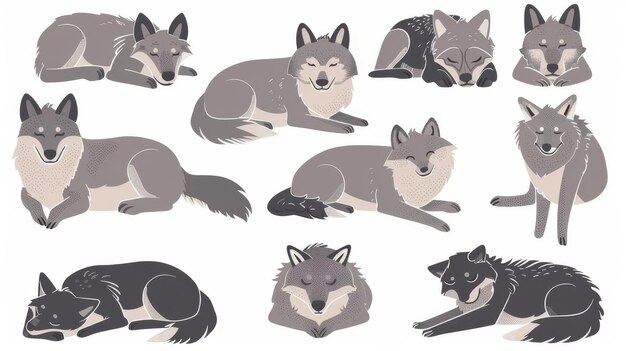 Le mignon ensemble de loups gris est parfait pour les enfants Coyotes bébés modernes Scandi bétail de forêt sauvage hurlant endormi