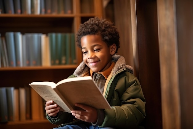 Mignon garçon afro-américain lisant un livre dans la bibliothèque