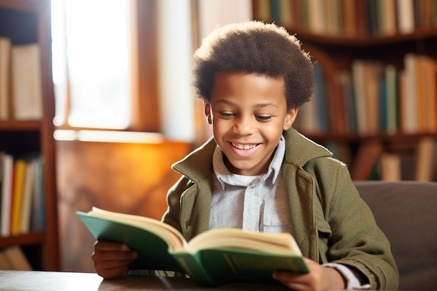 Mignon garçon afro-américain lisant un livre dans la bibliothèque