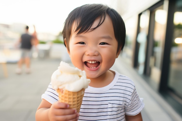 Un mignon garçon asiatique avec de la crème glacée tenant un gelato rafraîchissant dans un cône de gaufres