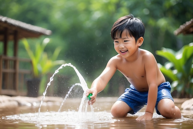 Un mignon garçon asiatique s'amuse à jouer dans l'eau d'un tuyau à l'extérieur.