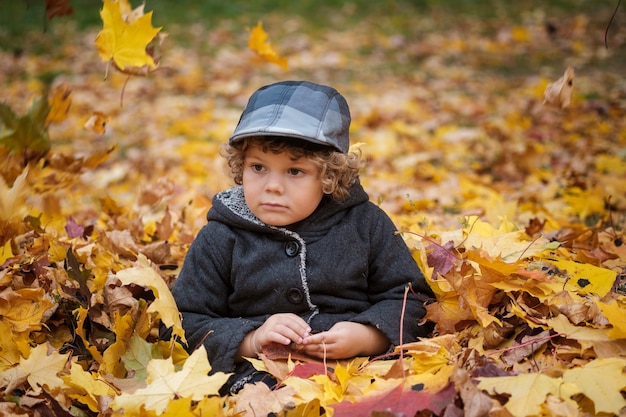 Mignon garçon aux cheveux bouclés assis dans des feuilles d'érable jaune à l'automne dans le parc