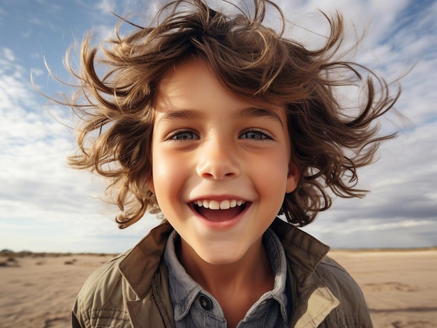 Un mignon garçon bouclé souriant prenant une photo sur la plage avec vue sur le ciel et l'océanAI Generative