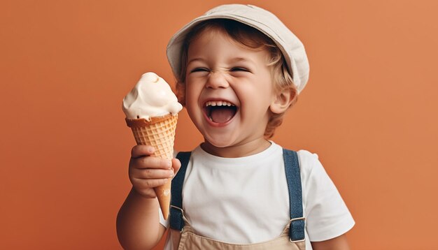 Mignon garçon caucasien appréciant la crème glacée souriant avec joie et innocence générée par l'intelligence artificielle