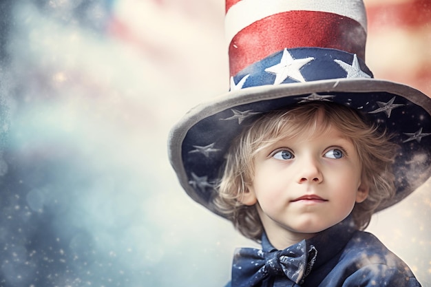 Un mignon garçon avec un chapeau à drapeau américain.