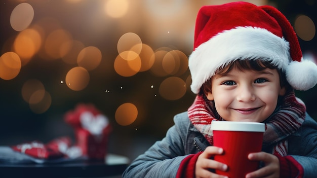 Un mignon garçon en chapeau de Père Noël avec une tasse de chocolat chaud sur fond de Noël