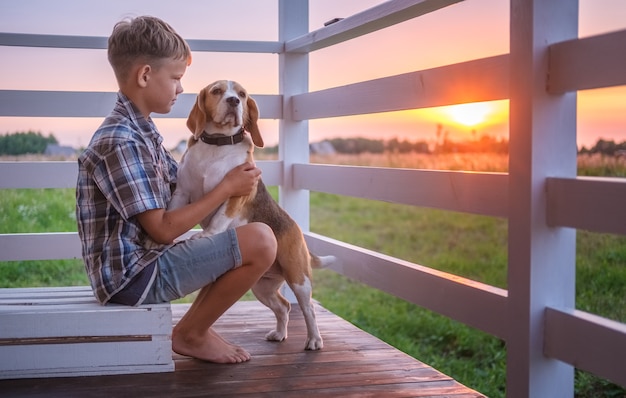 Mignon garçon et chien Beagle assis serrant sur la véranda de la maison un soir d'été contre le coucher du soleil