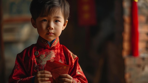 Un mignon garçon chinois porte un cheongsam rouge tient une enveloppe rouge pour célébrer le Nouvel An chinois