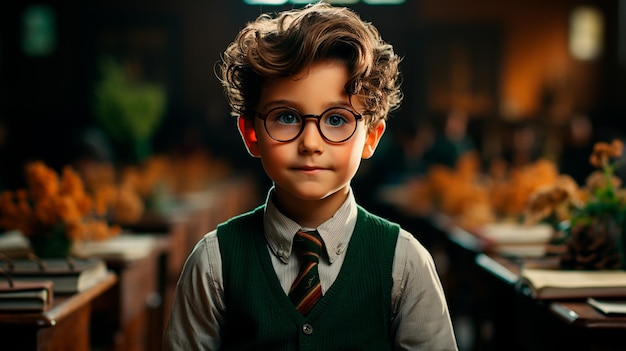 Photo un mignon garçon dans la bibliothèque de l'école