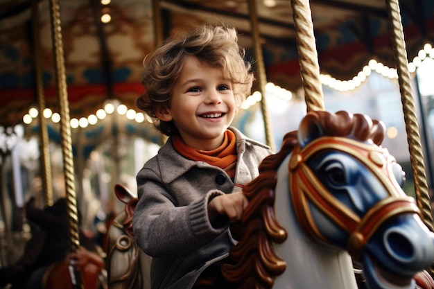 Un mignon garçon est assis sur un carrousel dans un parc d'attractions et rit.