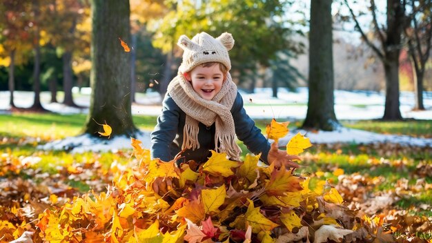 Un mignon garçon jouant avec des feuilles dans le parc d'automne